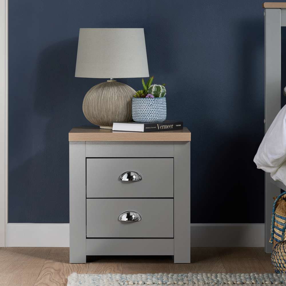 Highgate 2 Drawer Grey and Oak Bedside Table Image 5