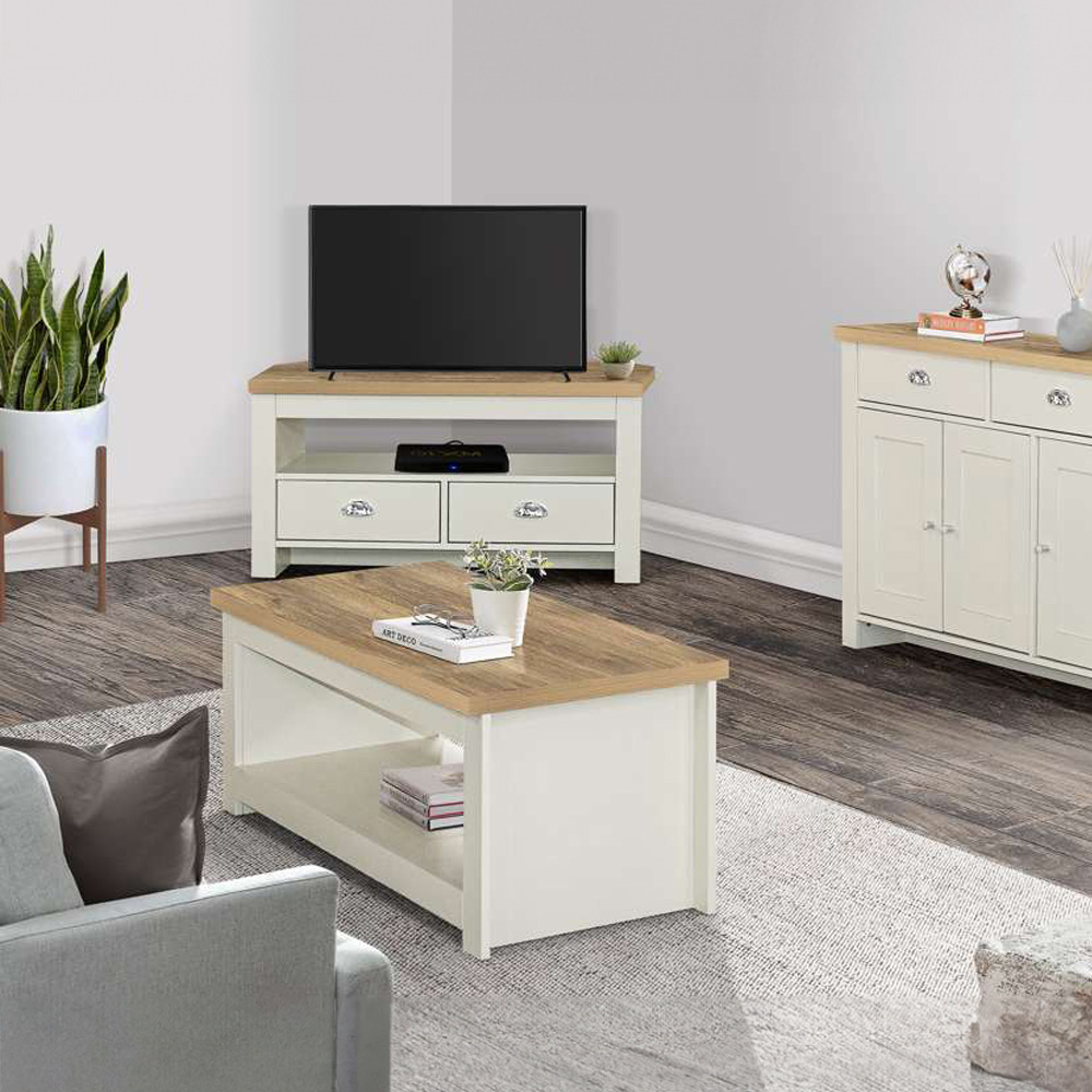Highgate 2 Drawer Cream and Oak Corner TV Unit Image 6