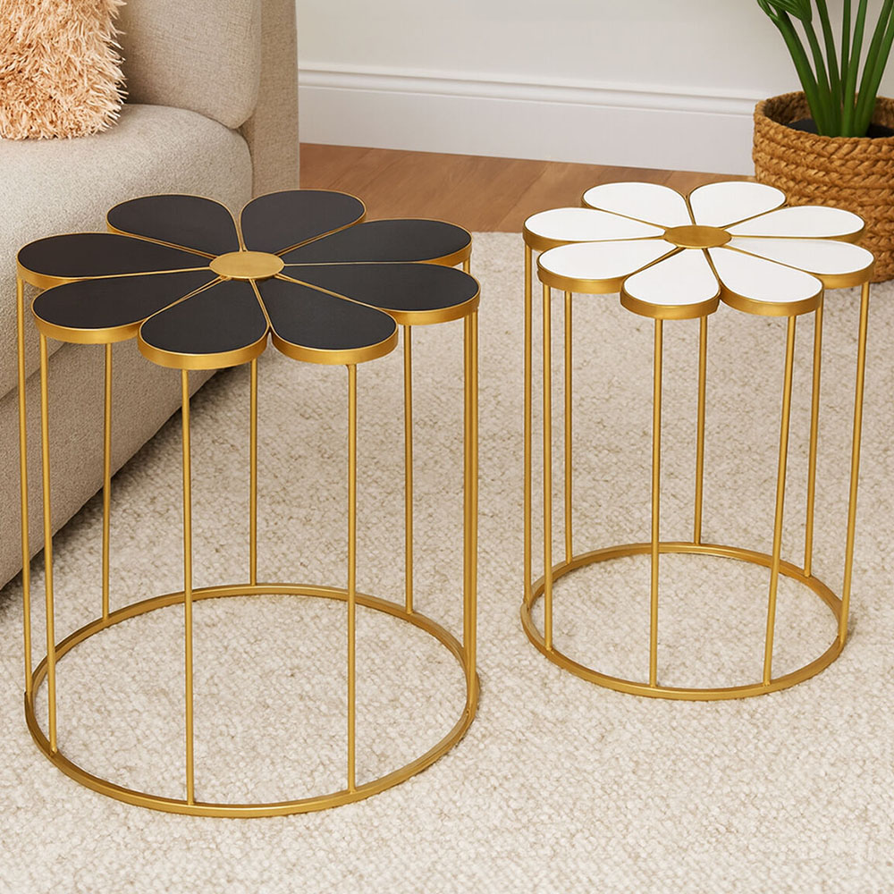 Premier Housewares Jodie Black and White Petal Nest of Table Set of 2 Image 1