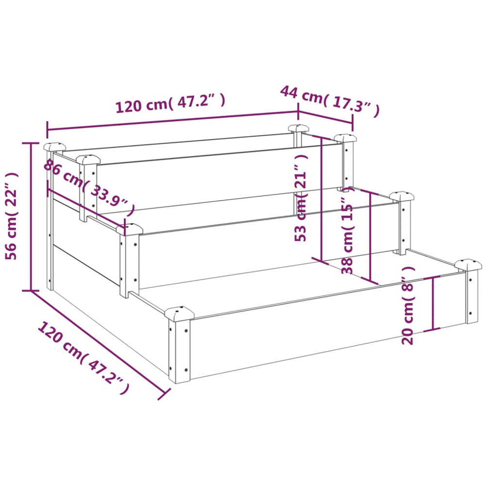 vidaXL 3-Tier Brown Fir Wood Raised Garden Bed 56 x 120 x 120cm Image 6