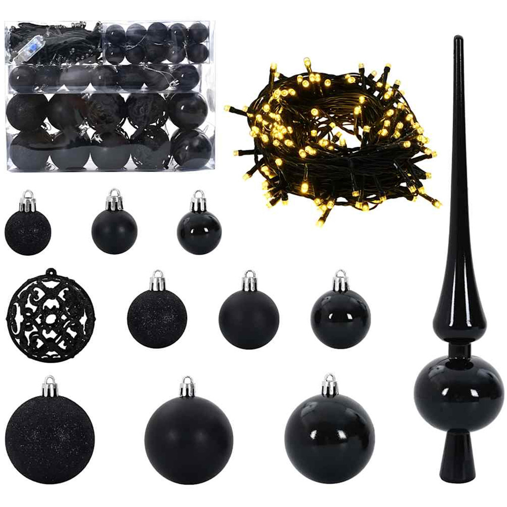 vidaXL Pre-Lit Black Baubles Green Artificial Hinged Christmas Tree 5ft Image 3