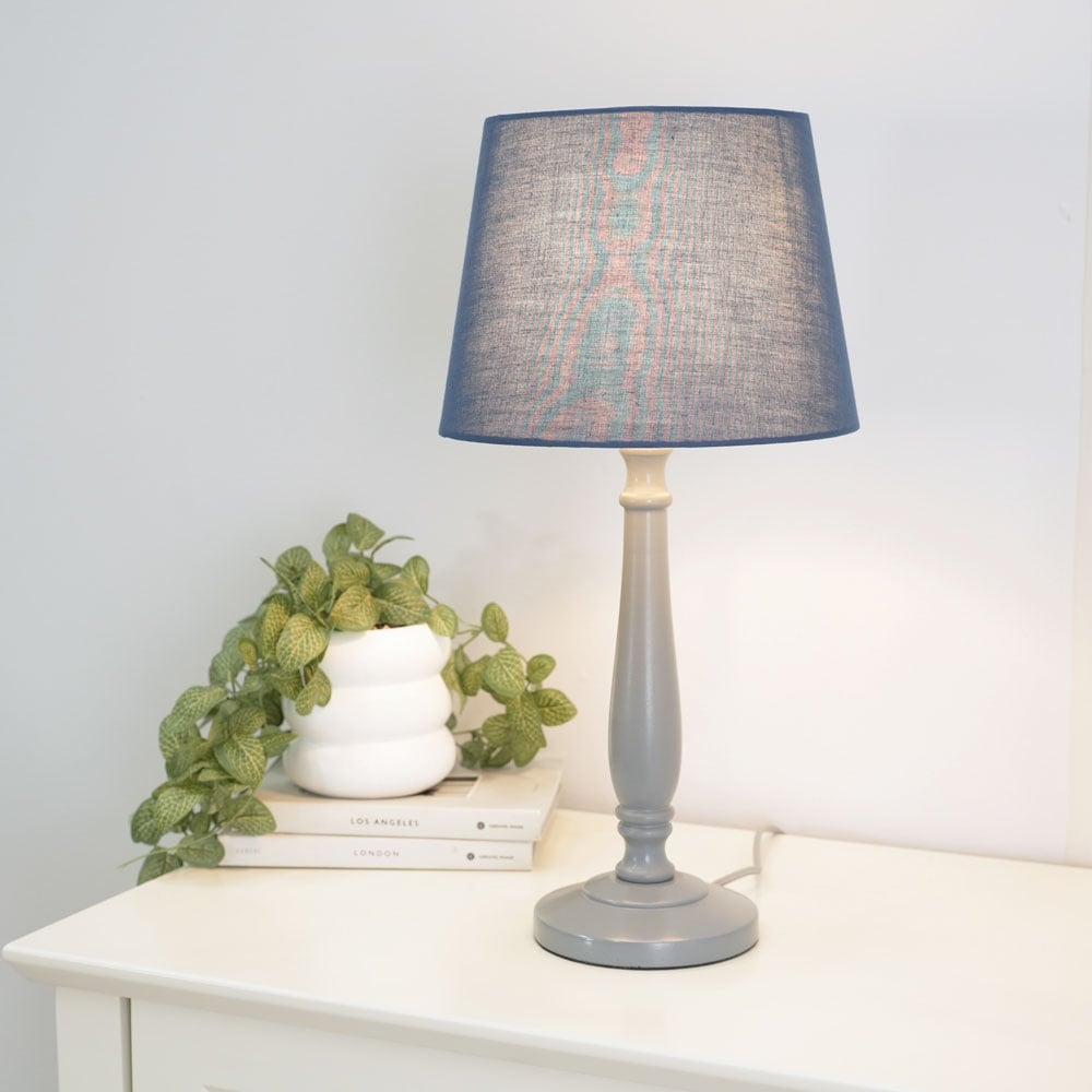 ValueLights Victoria Navy Blue Tapered Drum Shade Grey Wood Traditional Stem LED Table Lamp Image 2