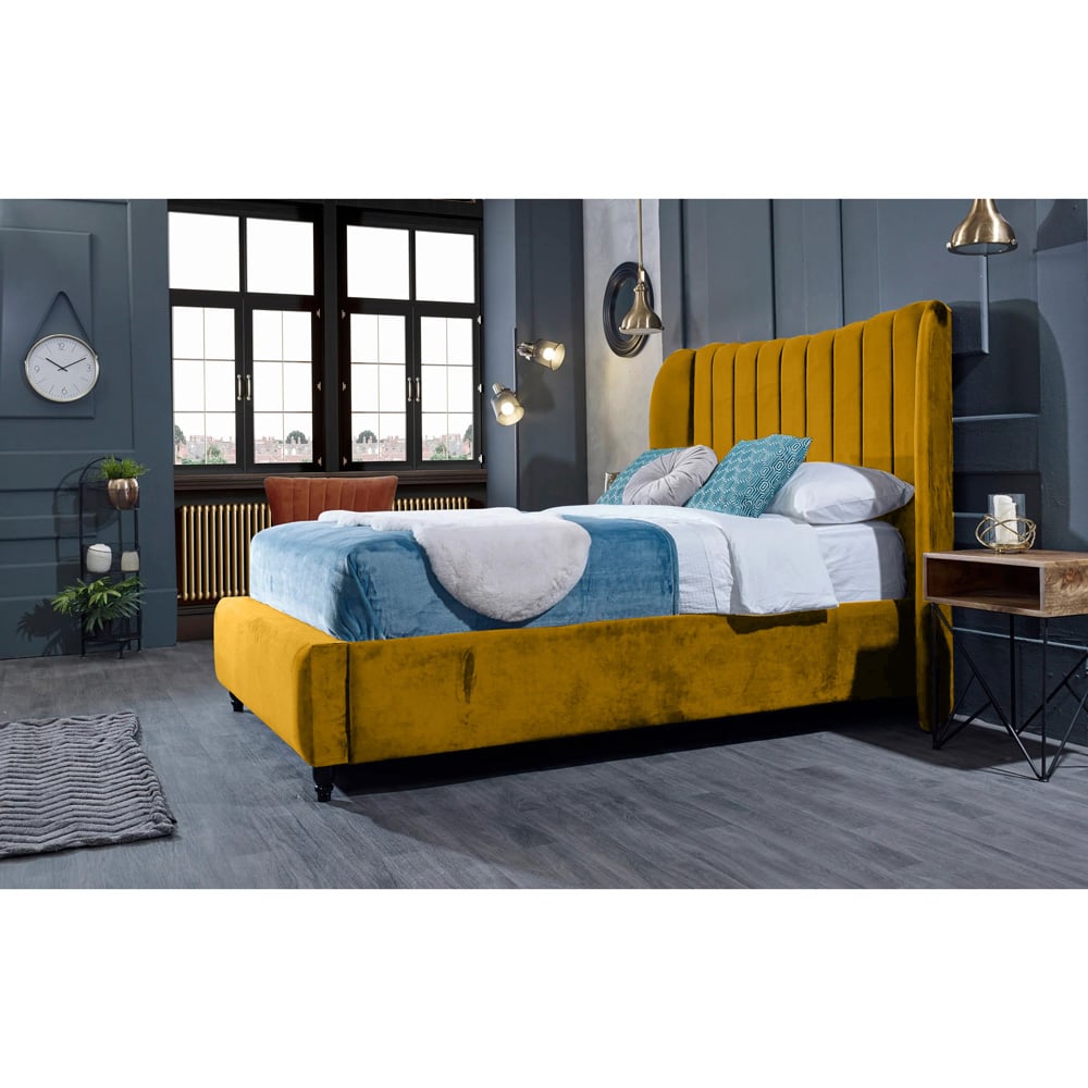 Eleganza Home Carli King Size Mustard Plush Velvet Bed Frame with Lined Headboard Image 4