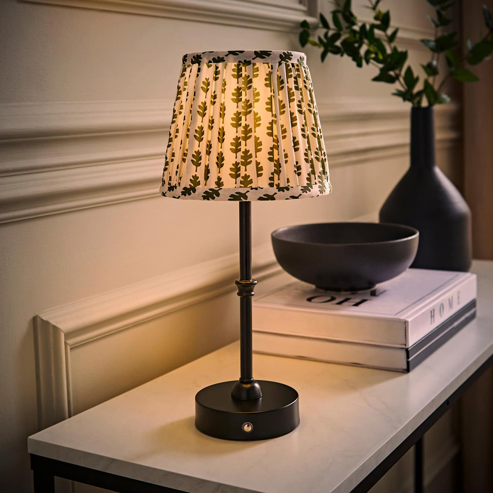 ValueLights Lowe Green Ditsy Floral Pleated Shade Black Rechargeable Table Lamp with Bulb Image 2