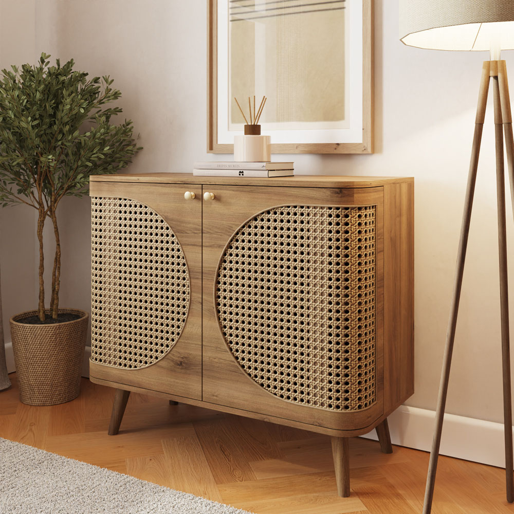 GFW Sorrel 2 Door Oak Rattan Compact Sideboard Image 8