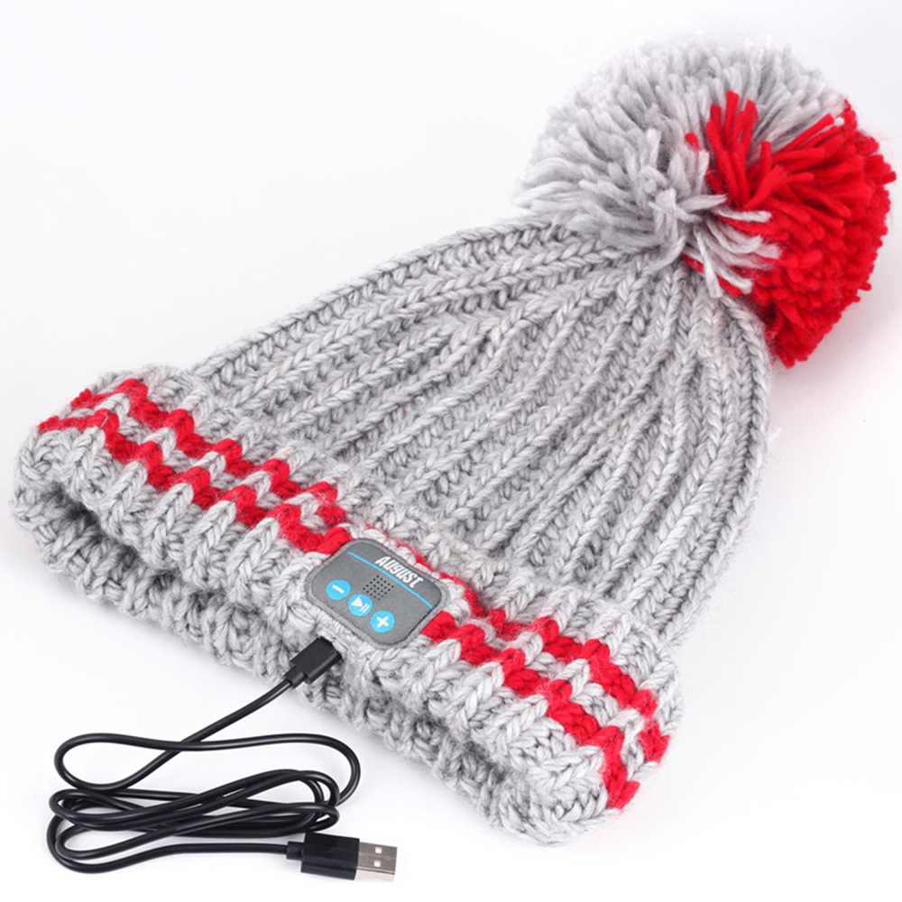 August EPA30C Red and Grey Bobble Beanie Hat with Rechargeable Bluetooth Headphones and Mic Image 2