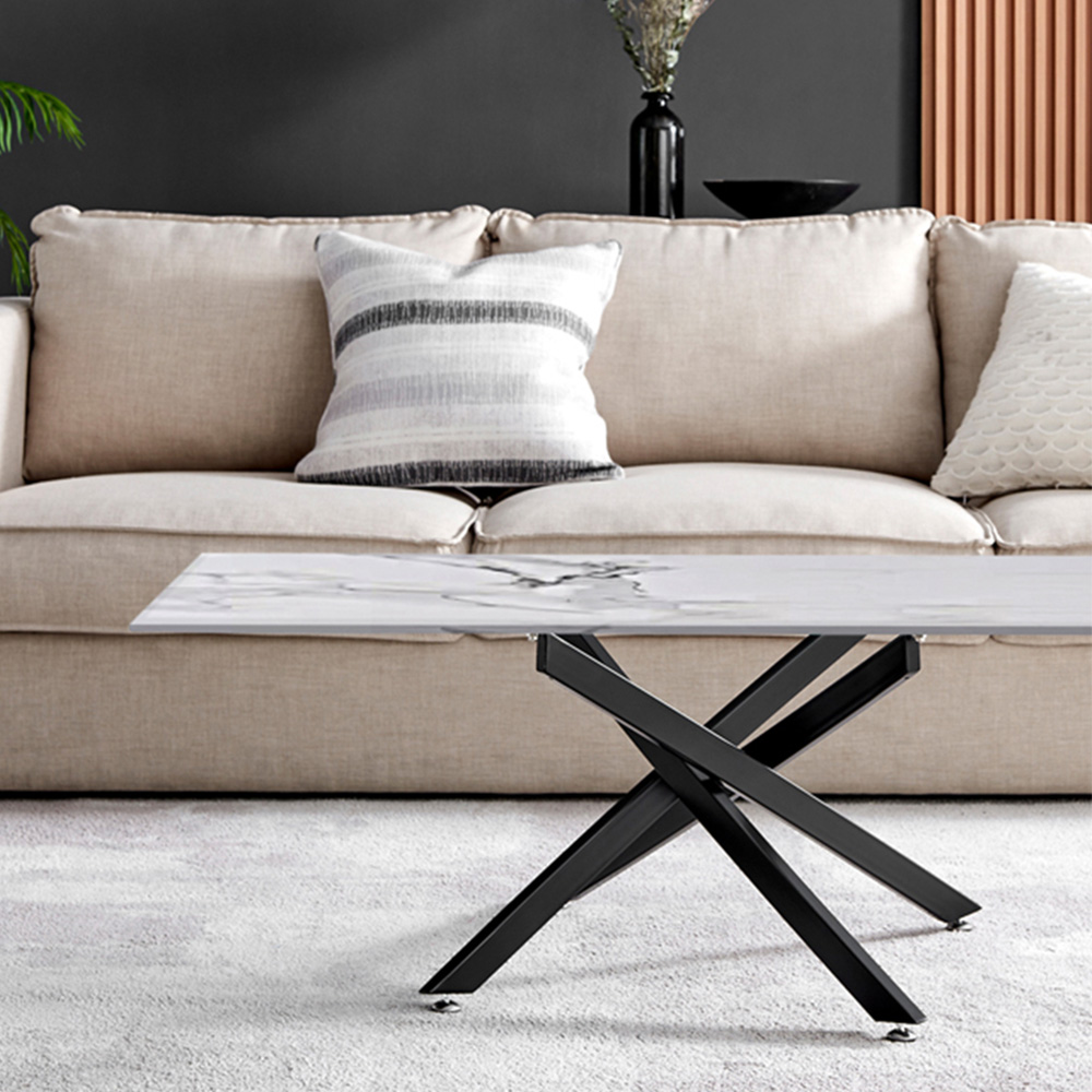 Furniturebox Tavalo White Marble Effect Glass Coffee Table with Black Legs Image 4