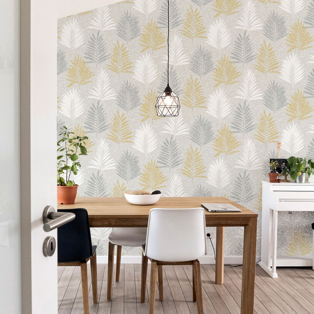 Arthouse Linen Palm Ochre and Grey Wallpaper Image 5