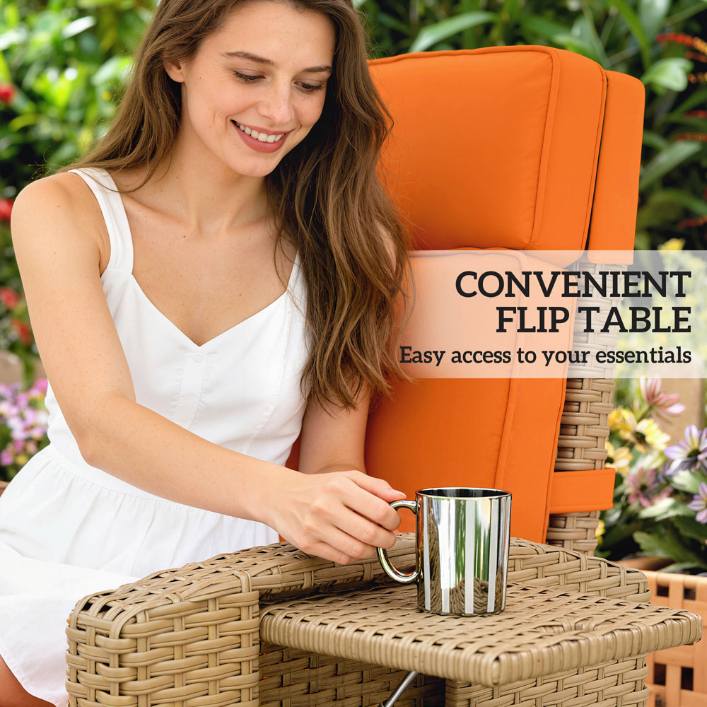 Outsunny Khaki and Orange Rattan Garden Recliner with Flip Table Image 5