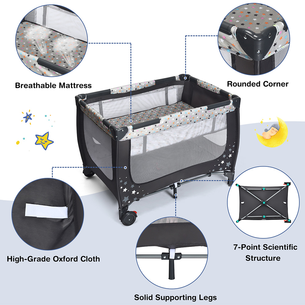 Costway 2 in 1 Grey Foldable Baby Playpen with Lockable Wheels and Mattress Image 7
