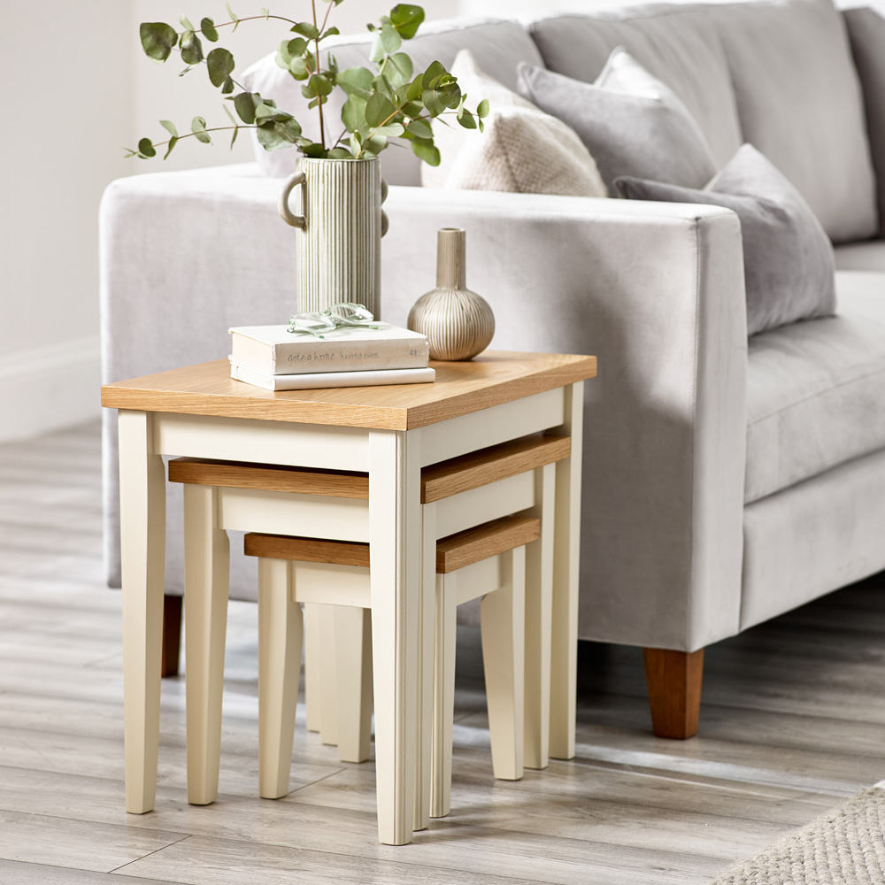 Furniturebox Isolde Oak and Cream Wooden Nest of Tables Set of 3 Image 2