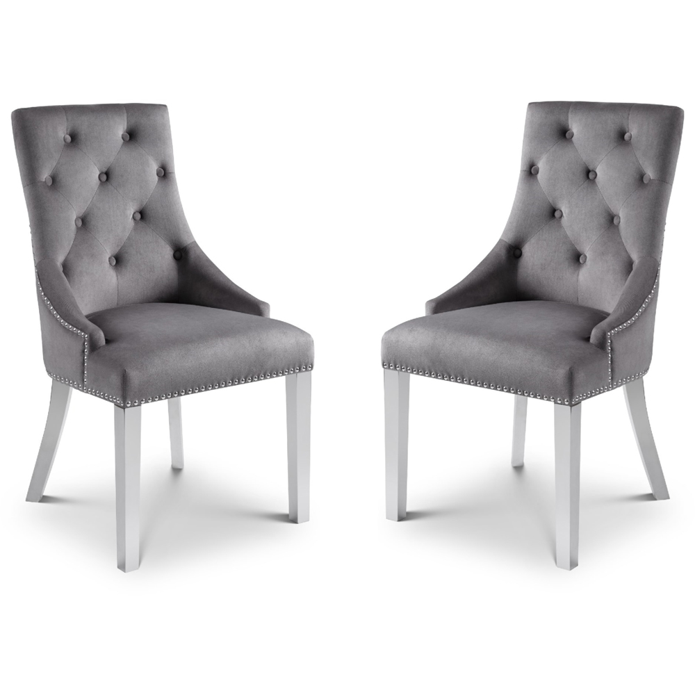 Julian Bowen Gladstone Set of 2 Grey and Chrome Velvet Lion Head Dining Chairs Image 2