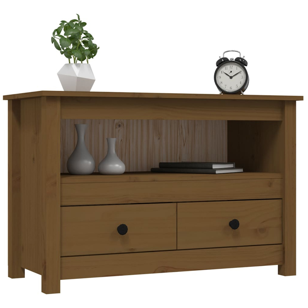 vidaXL 2 Drawer Single Shelf Honey Brown Solid Pine Wood TV Cabinet Image 4