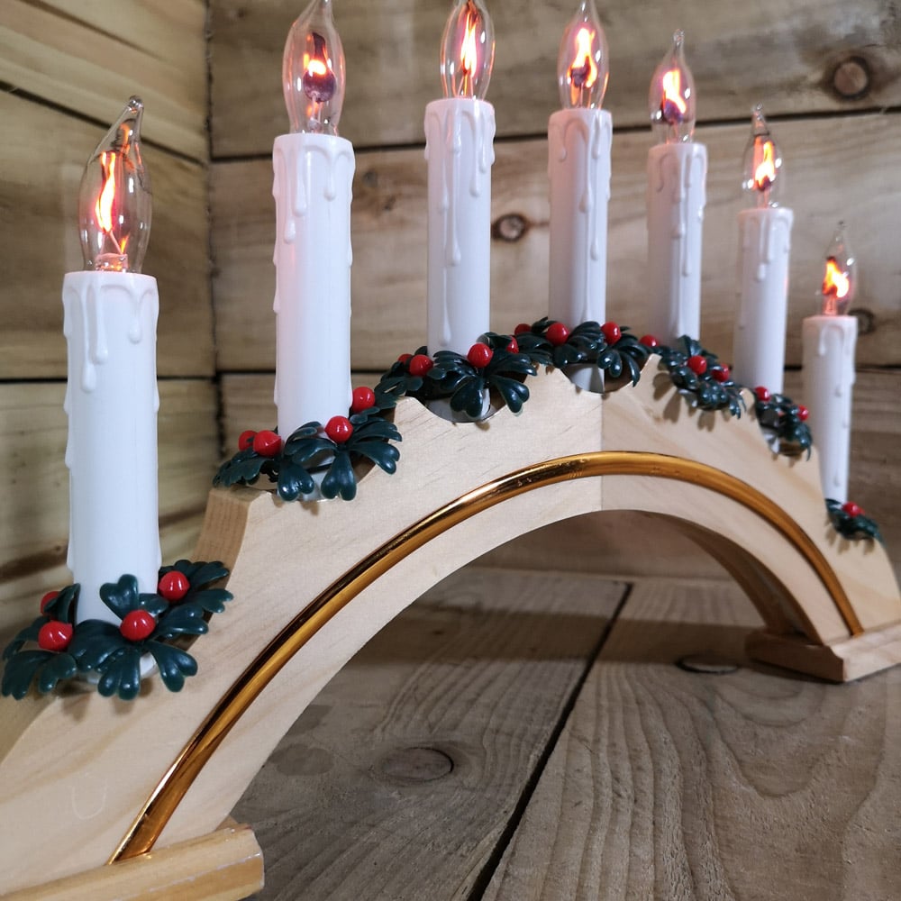 Premier 7 Flickering Warm White LED White Wooden Arched Christmas Candle Bridge Image 3