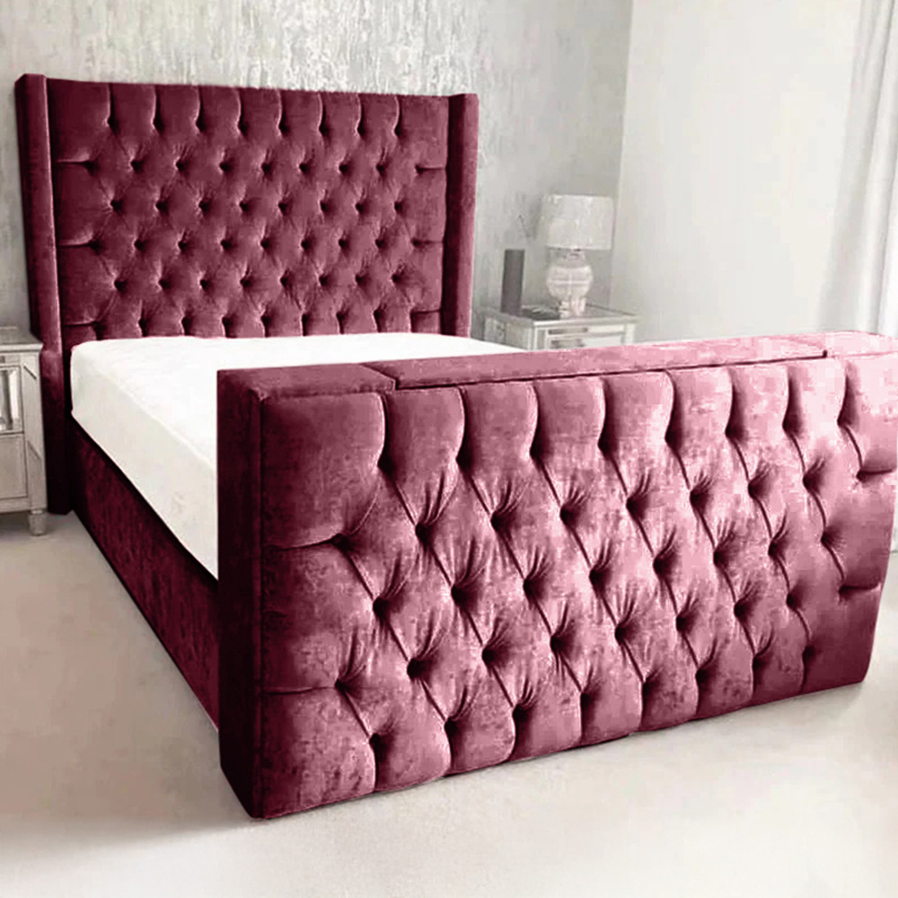 Eleganza Home Lokie King Size Maroon Plush TV Bed Frame with Headboard and Footboard Image 1