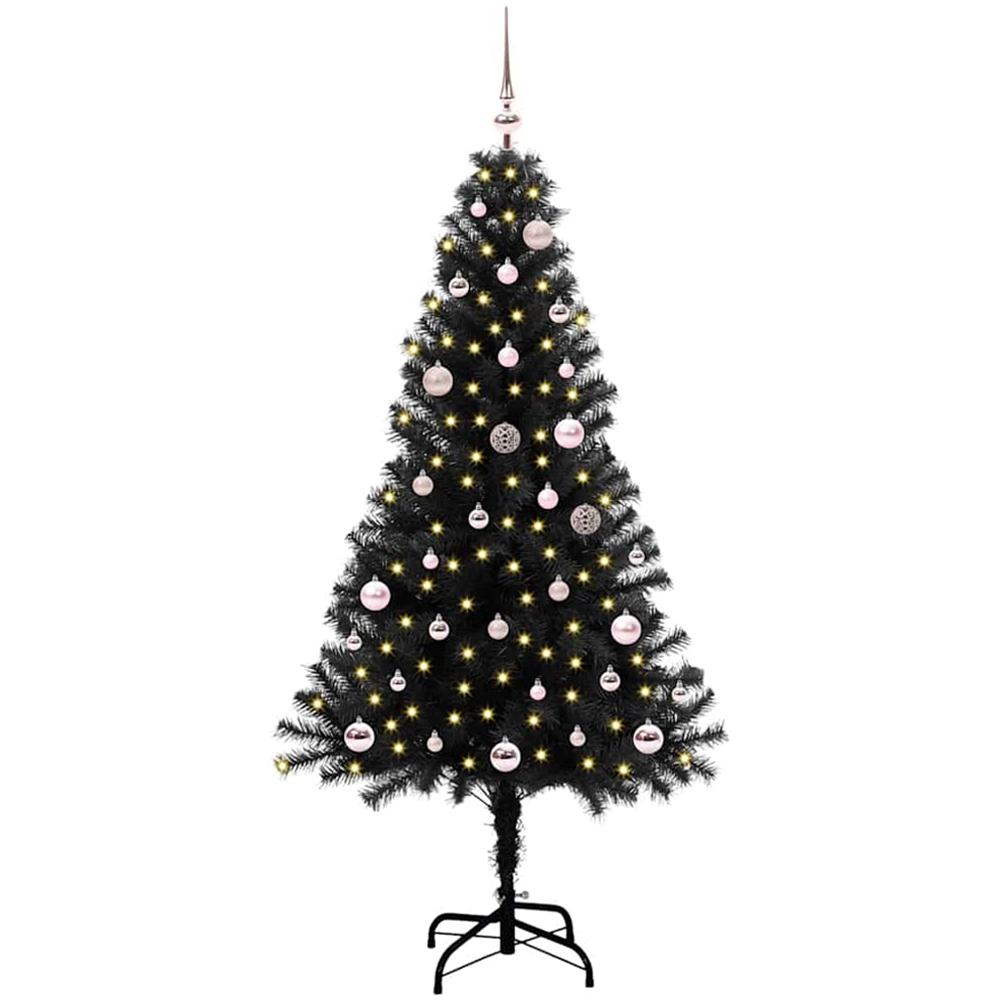 vidaXL Pre-Lit Pink Baubles Black Artificial Christmas Tree 5ft Image 1