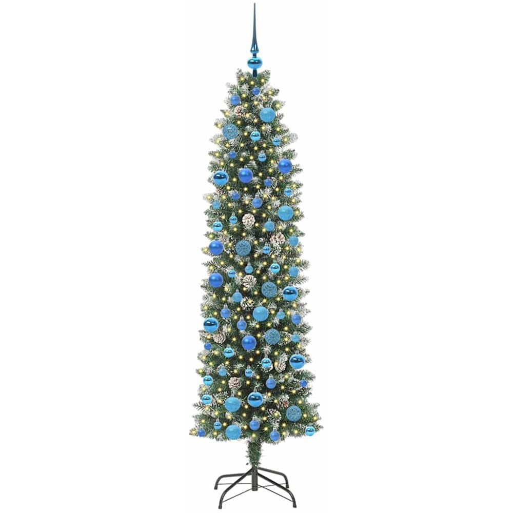 vidaXL Pre-Lit Warm White LED and Blue Baubles Green Slim Artificial Christmas Tree 6ft Image 2