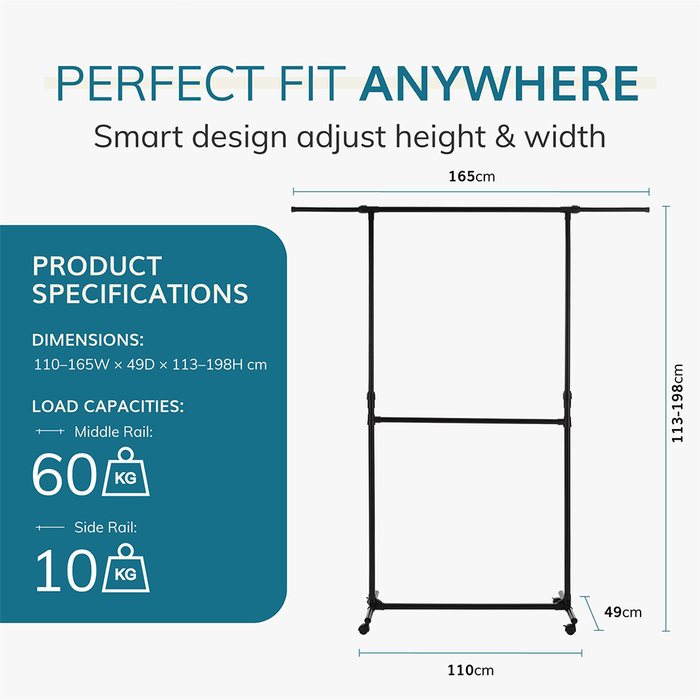 House Of Home Black Adjustable Double Clothes Rail Image 9