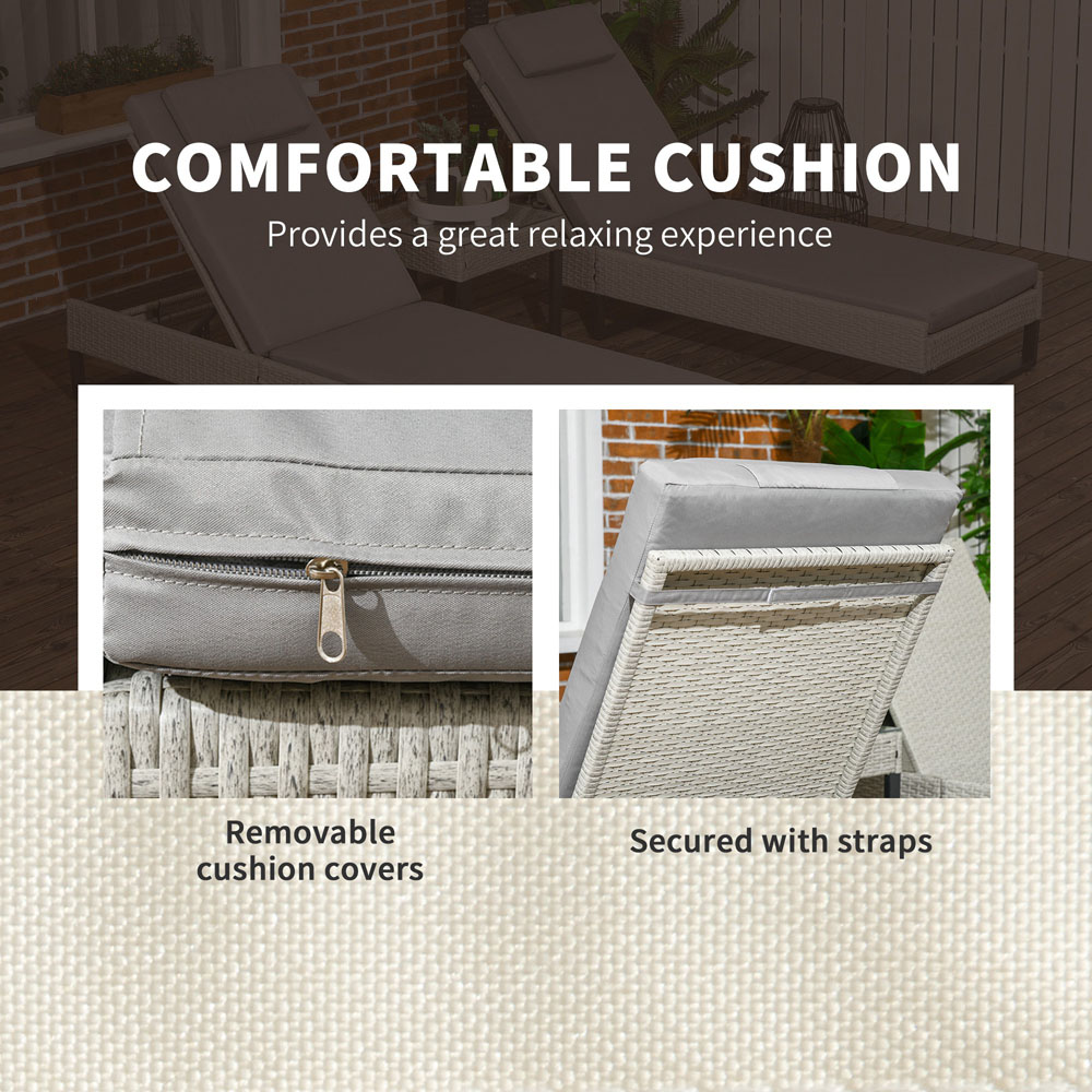 Outsunny Set of 2 Grey Cushion Reclining Rattan Sun Lounger with Table Image 5