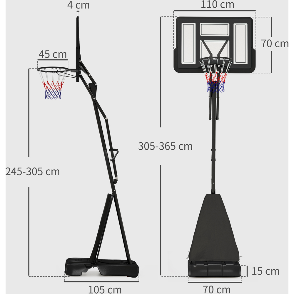 SPORTNOW Black Height Adjustable Portable Basketball Hoop Stand with Wheels 245-305cm Image 9