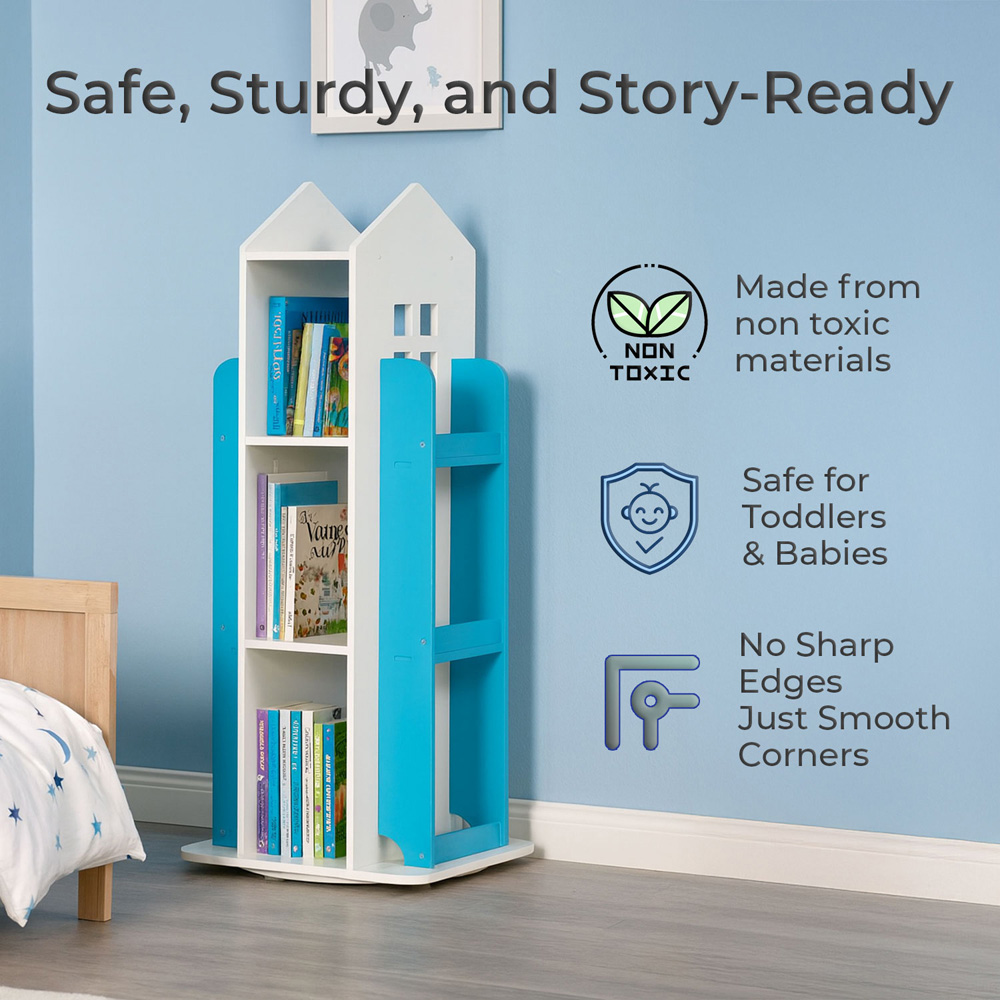 Neo Blue House Shaped Rotating Kid's Freestanding Bookshelf Image 7