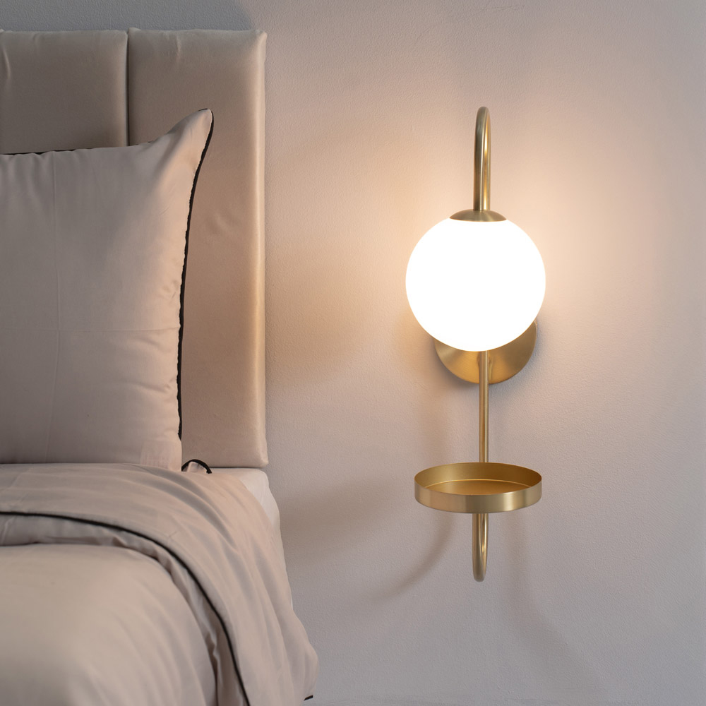 ValueLights Milo Frosted Glass Globe Shade Curved Brushed Gold Wall Light with Shelf and Bulb Image 4