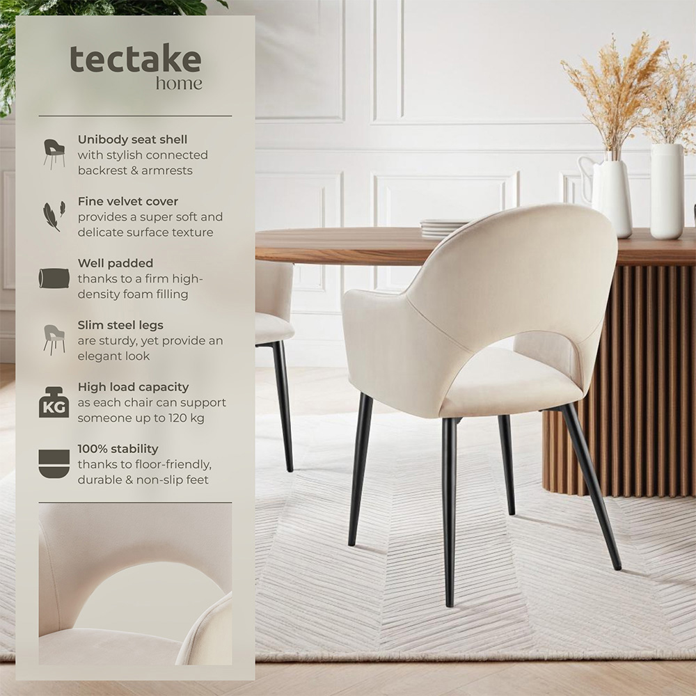 tectake Sasha Set of 6 Cream Velvet Dining Chair Image 6