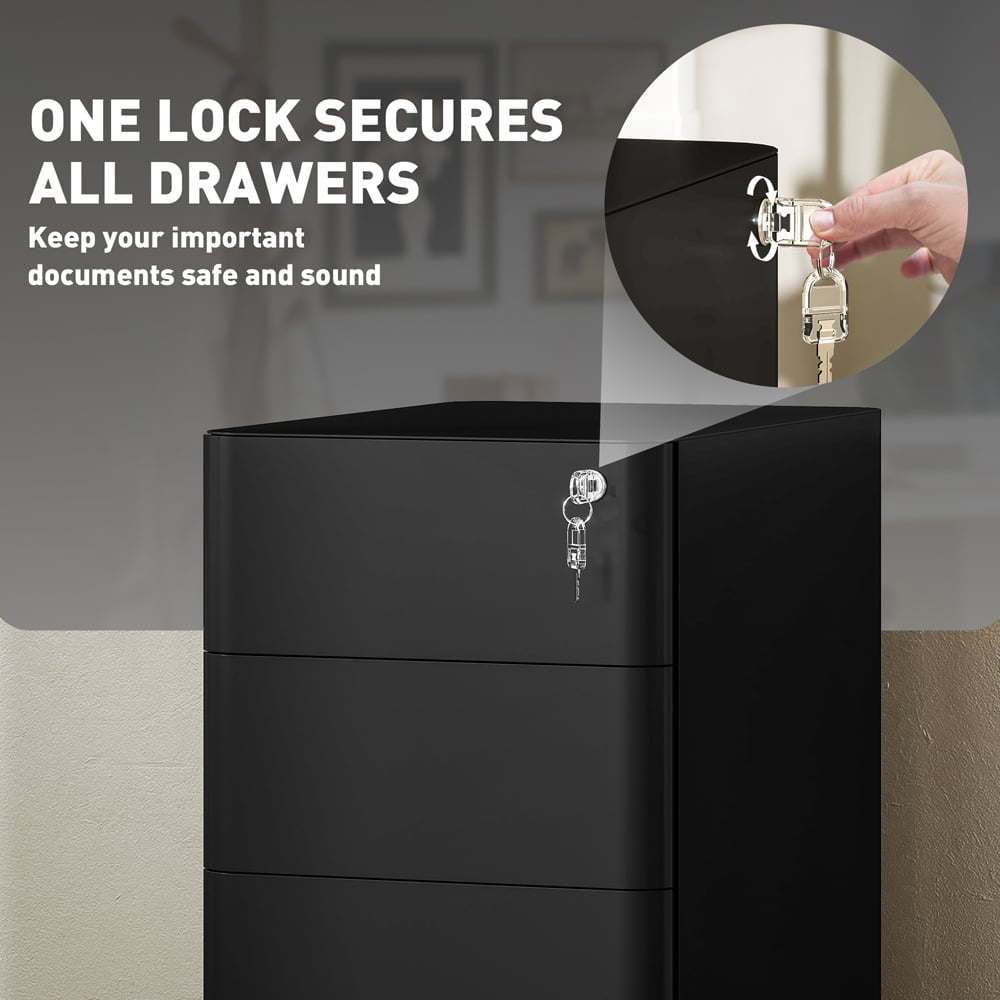 Vinsetto 3 Drawer Black Steel Lockable Filing Cabinet on Wheels Image 6
