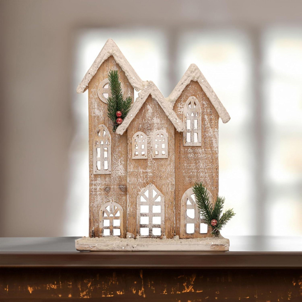 Shatchi Warm White LED Wooden House Snow Covered Cottage Village Decoration Image 2