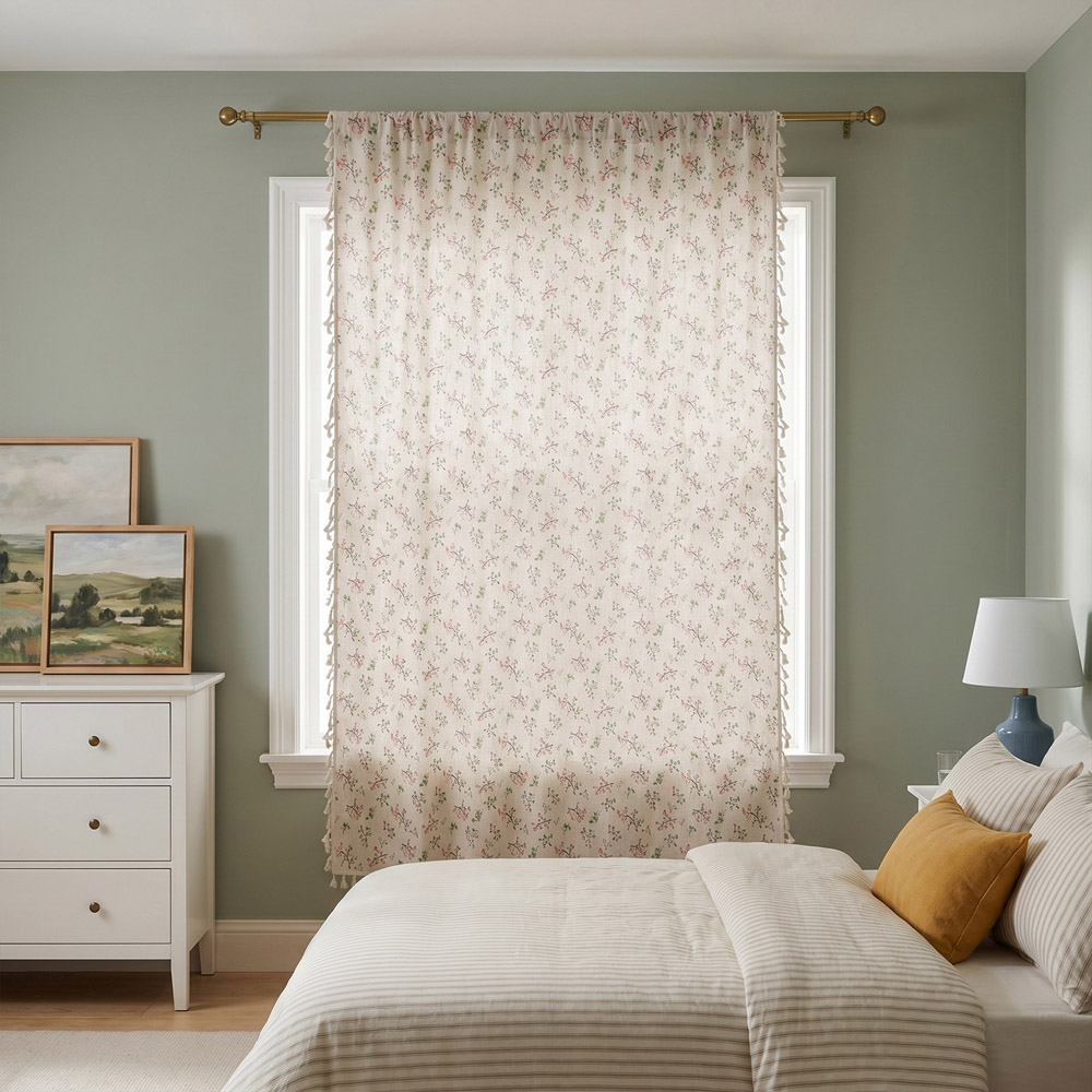 Living and Home Beige Bohemian Botanical Print Semi Sheer Curtain 213 x 150cm Image 8