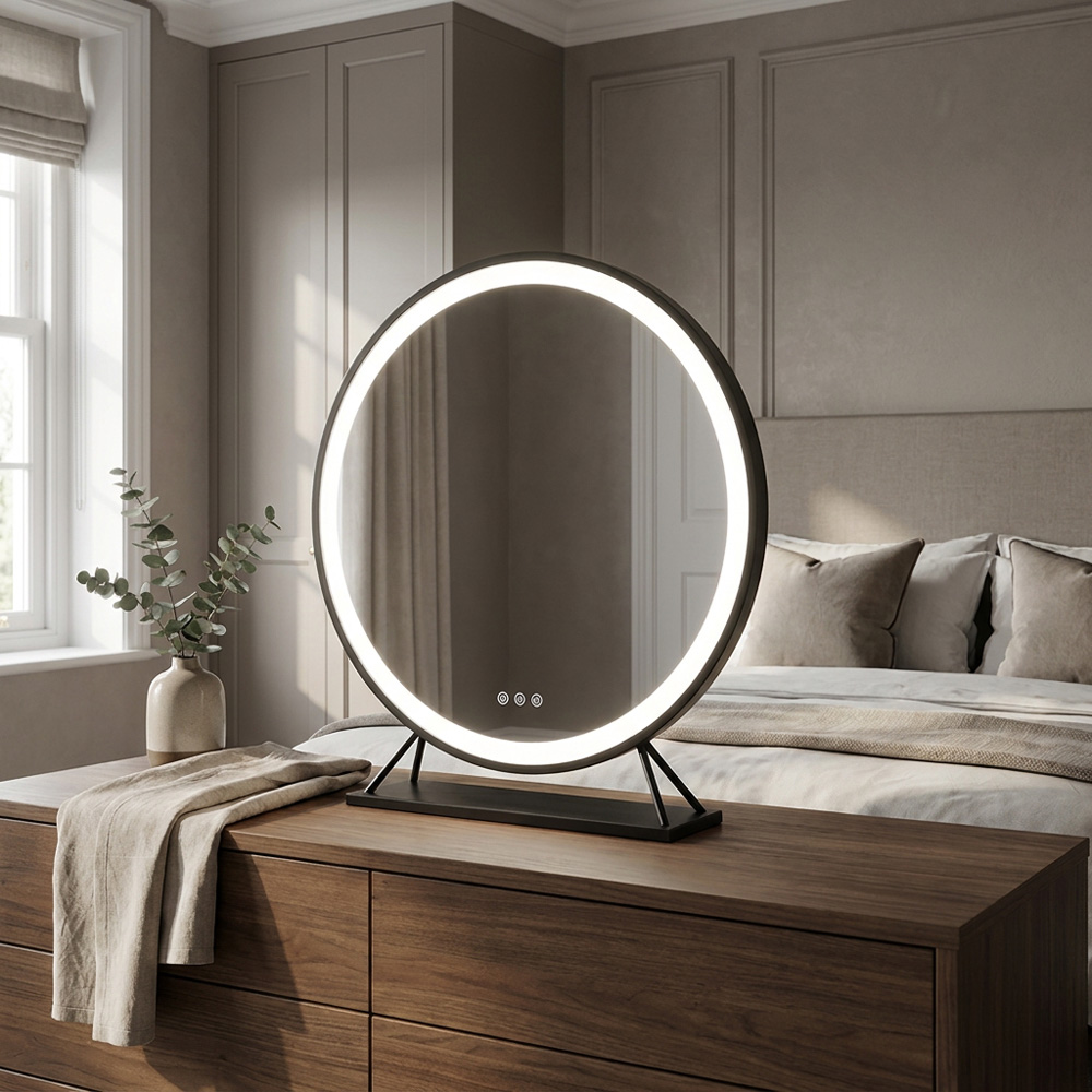 Round Standing Hollywood LED Mirror Black Image 2