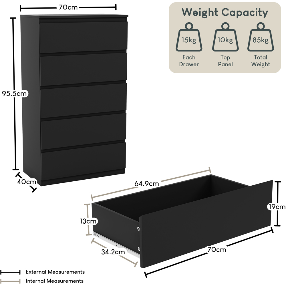 VIDA DESIGNS Denver 5 Drawer Black Chest of Drawers Image 9