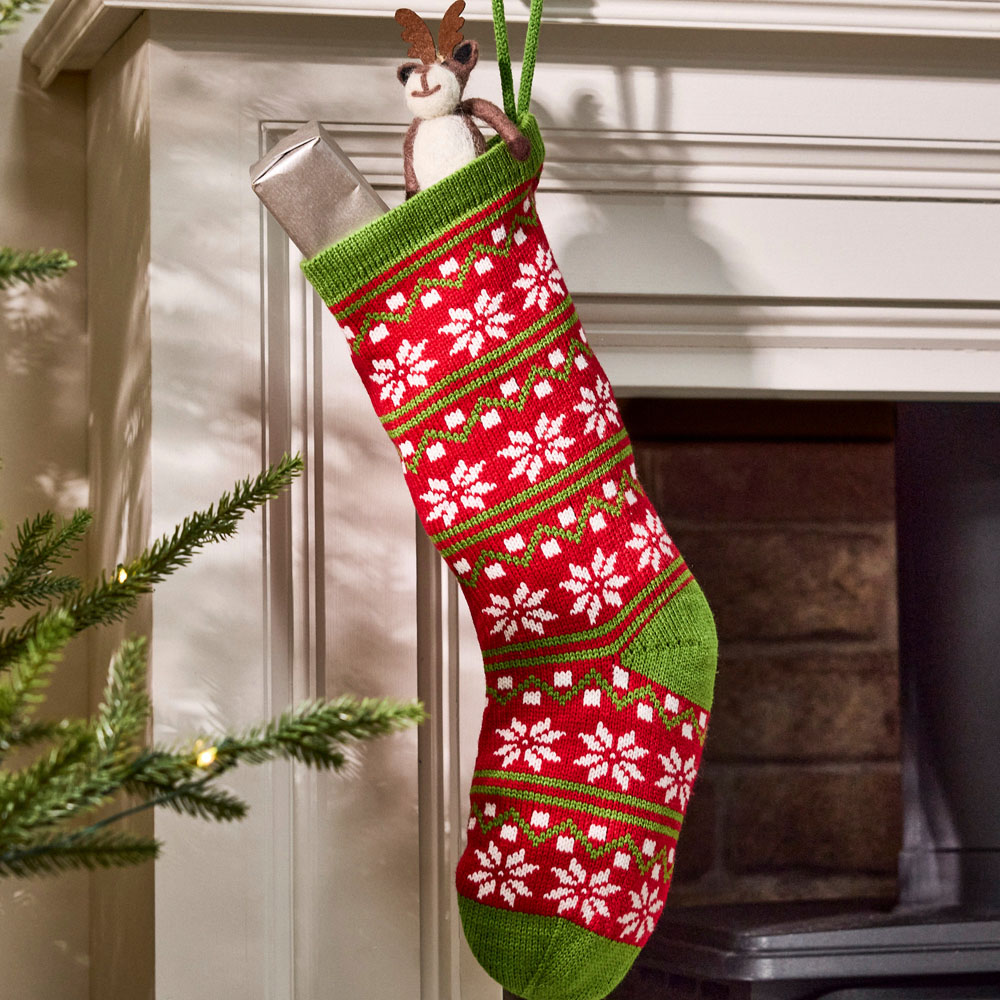Dibor Red Nordic Snowflake Chunky Knit Christmas Stocking Image 2
