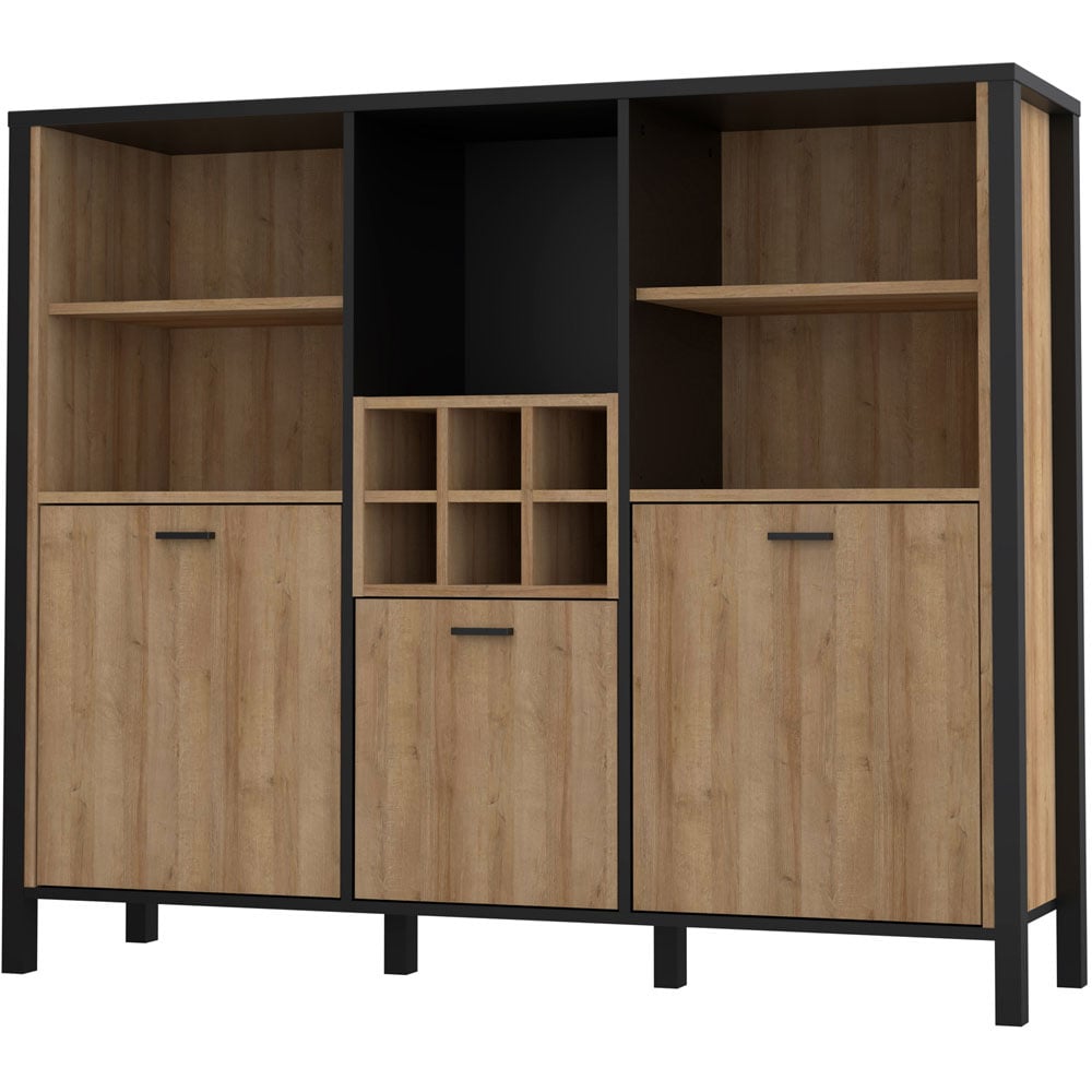 Florence High Rock 3 Door 5 Shelf Matt Black and Riviera Oak Shelf Unit with Wine Rack Image 4