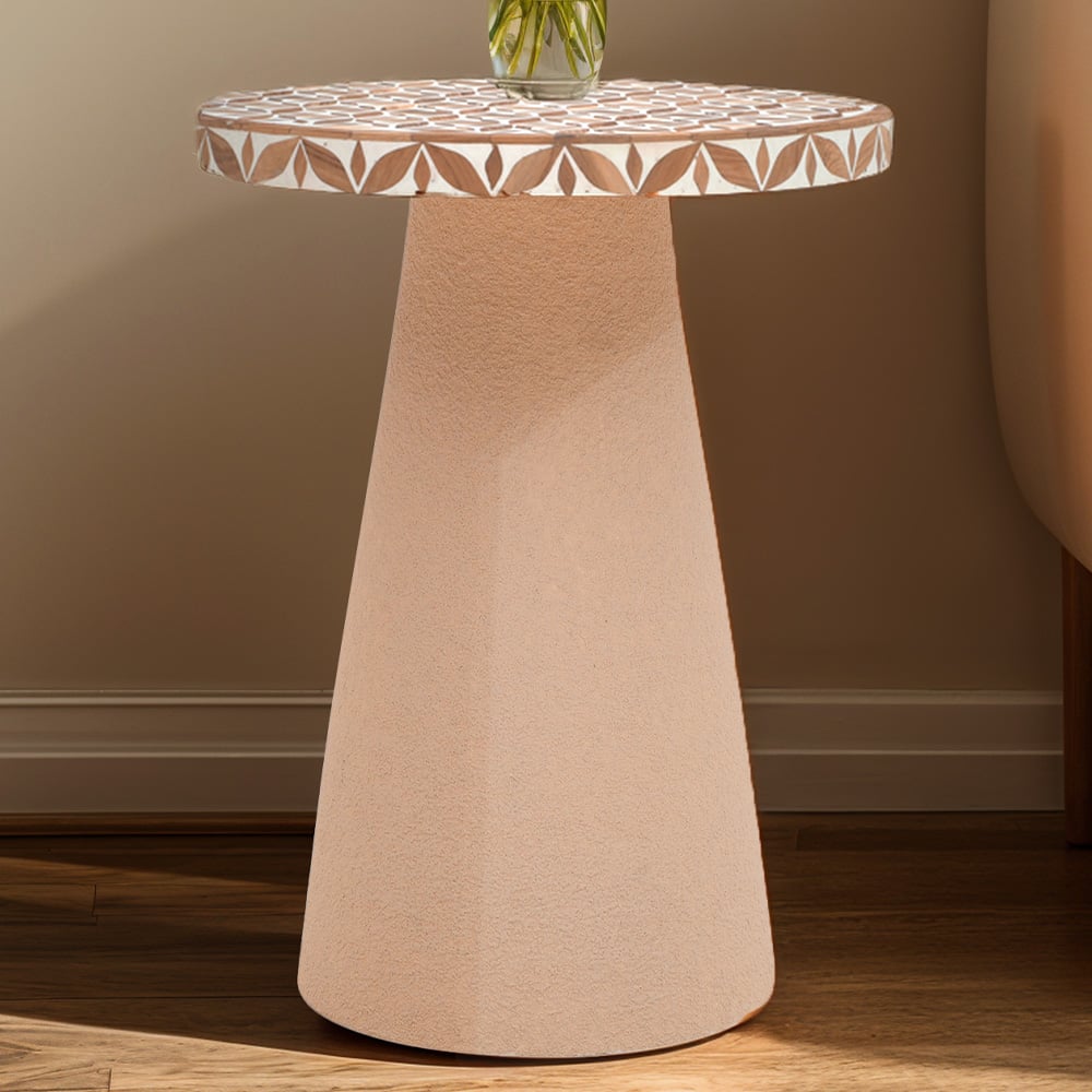 IH Design Acacia Wood Inlay Floral Round Side Table Image 1