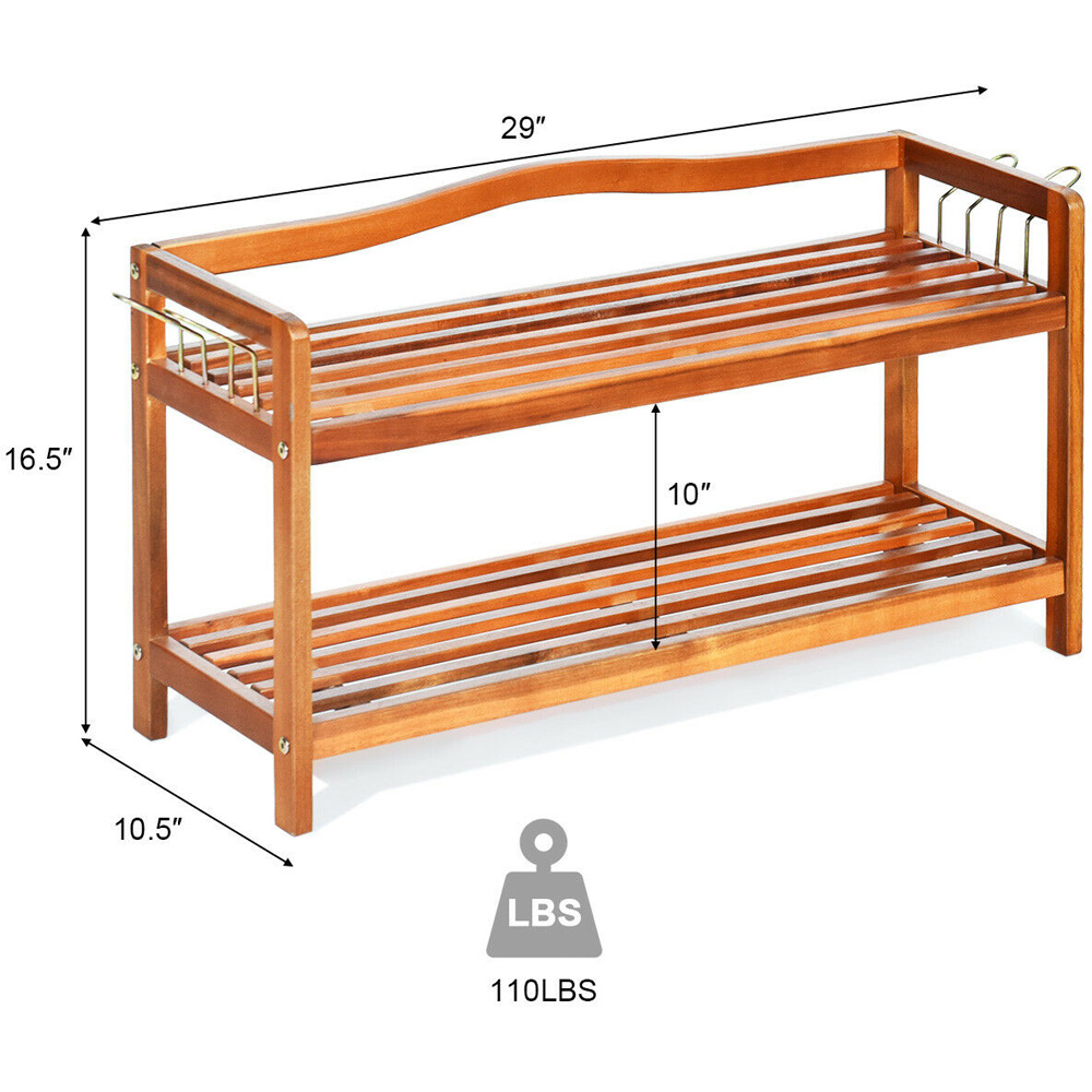 Costway 2 Shelf Acacia Wood Shoe Rack with Metal Hooks Image 9