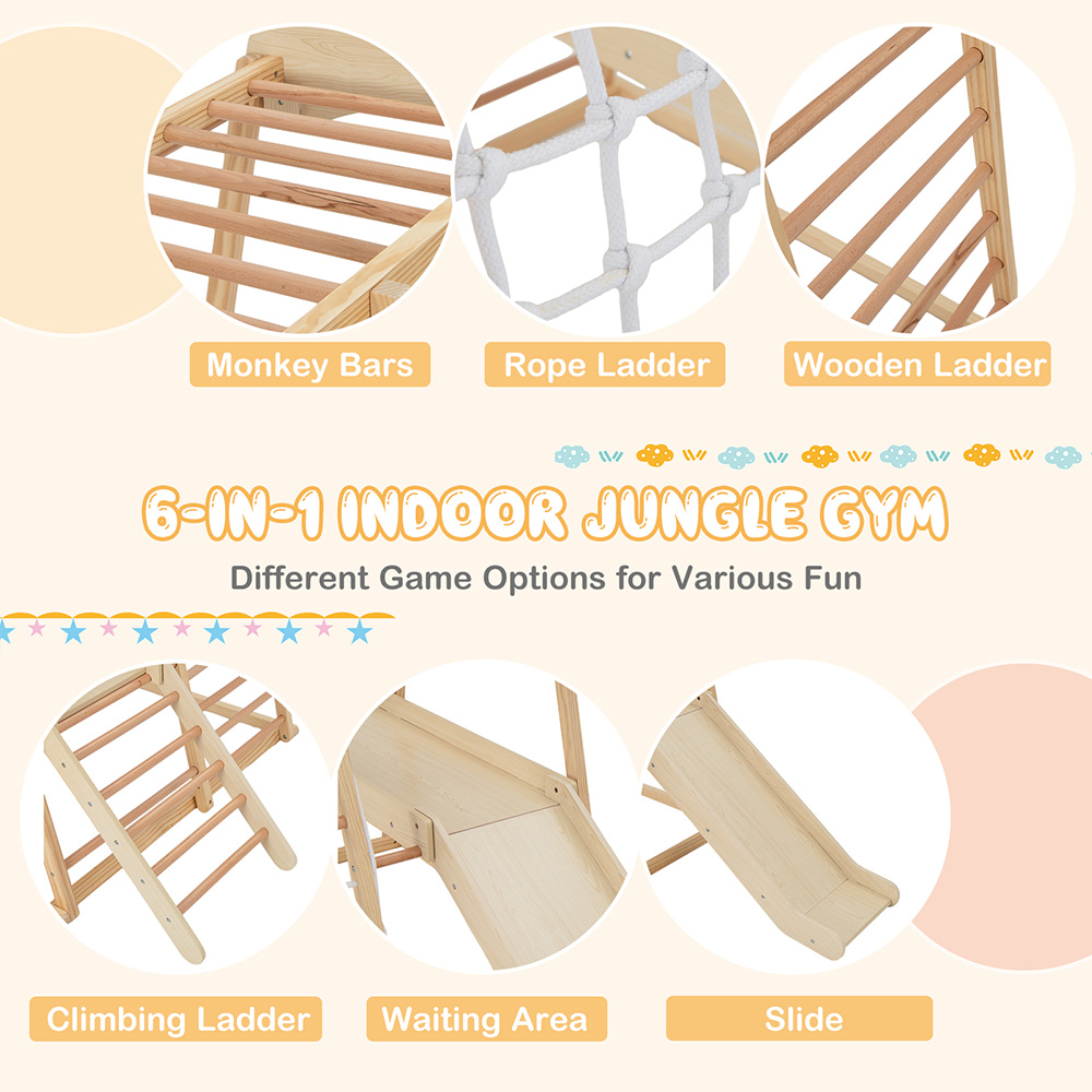 Costway 6 in 1 Natural Kids Indoor Jungle Gym Wooden Playset Image 4