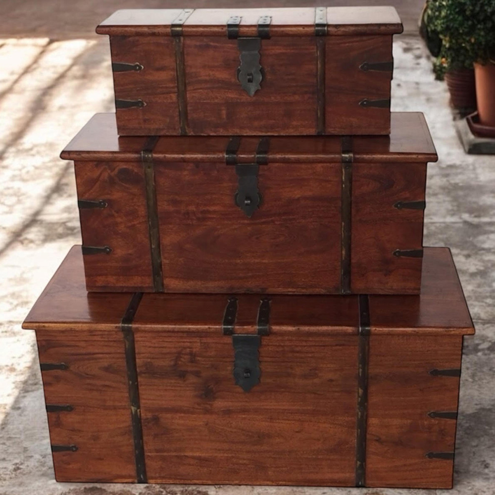 Acacia Home Brown Wooden Chest 101cm Set of 3 Image 1