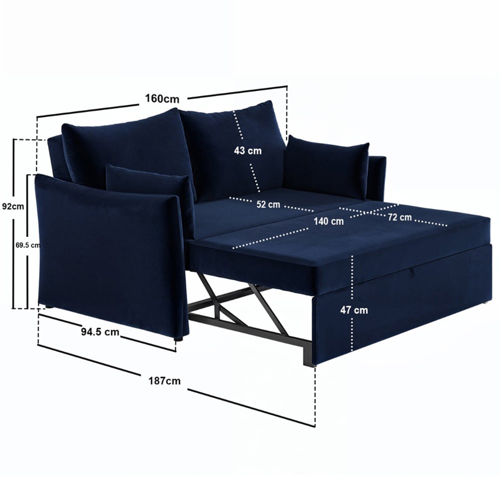 Solace+Co Skyler 2 Seater Navy Velvet Sofa Bed Image 9