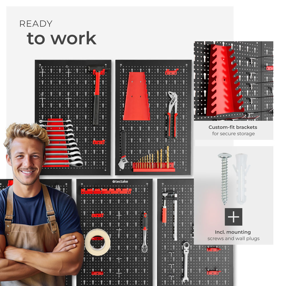 tectake Jonah 5 Panel Tool Pegboard Set with Hooks and Holders Image 3