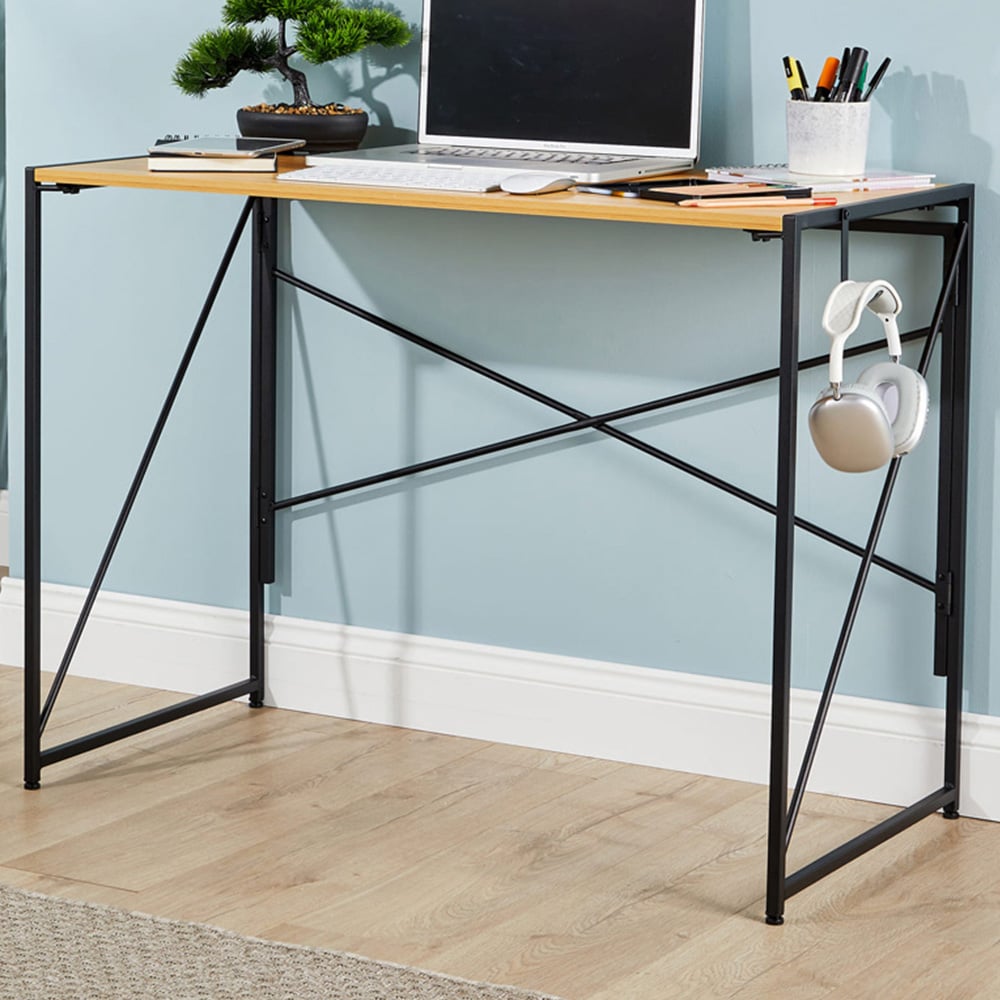 Home Source Brampton Folding Compact Desk with Hook Light Oak Image 1