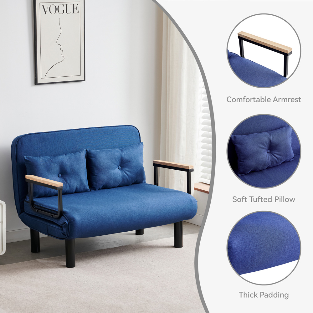 2 Seater Blue 4-in-1 Foldable Sofa Bed with Adjustable Backrest and Large Cushion Image 3