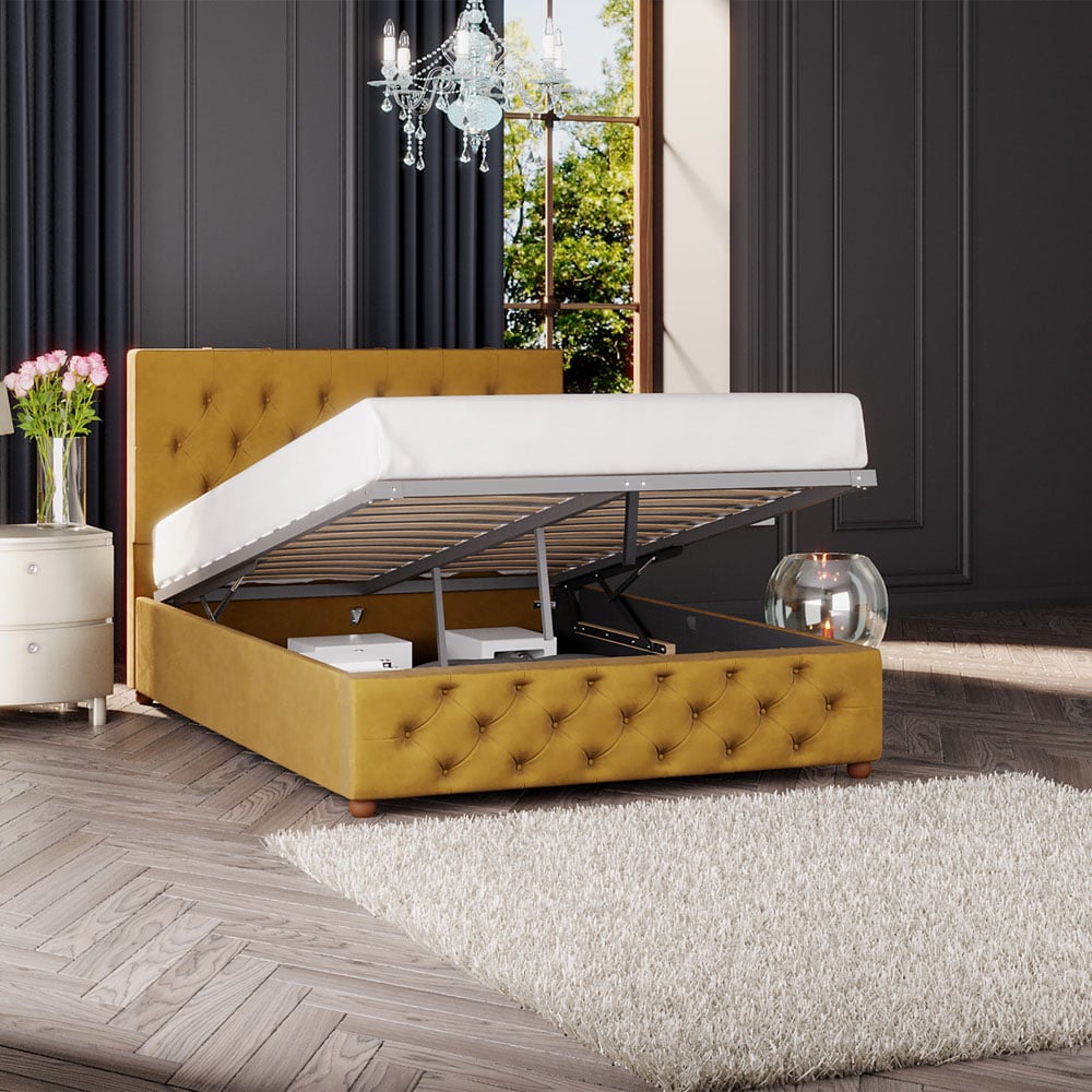 Laurence Llewelyn-Bowen Luna Double Ochre Plush Velvet Ottoman Bed Image 2