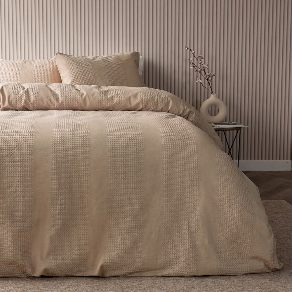 Serene Waffle Stripe Super King Size Latte Duvet Set Image 1