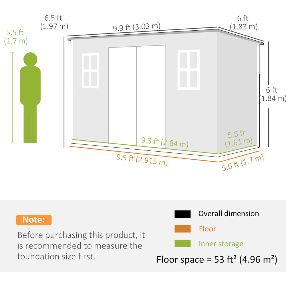 Outsunny 10 x 6ft Dark Grey Pent Garden Shed with Built-In Floor Image 9