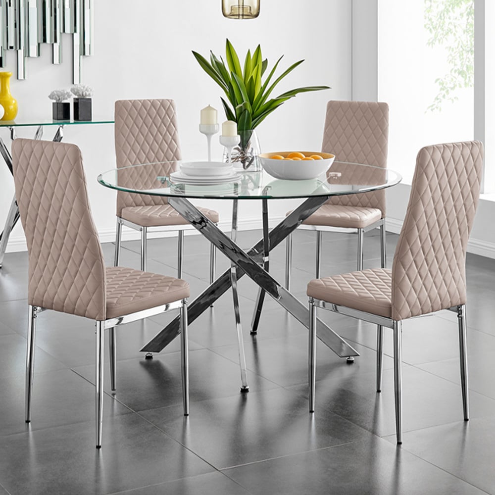Furniturebox Arona Valera Glass 4 Seater Round Dining Set Chrome and Cappuccino Image 1