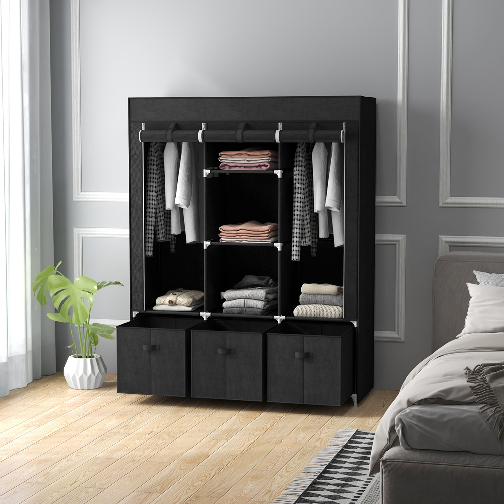 Portland 3 Fabric Drawer 5 Shelf Black Wardrobe Image 6