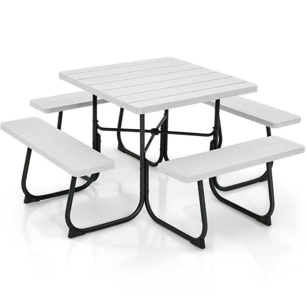 Costway 8 Seater Round Picnic White Table and Bench Set Image 2