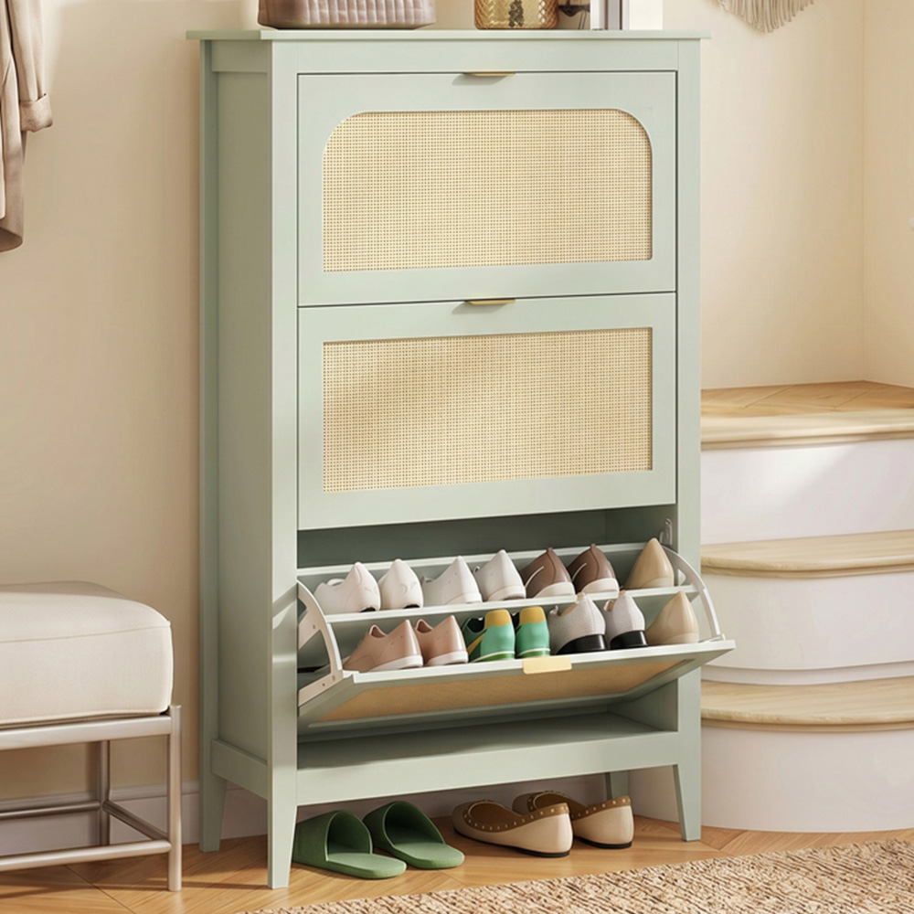 HOMCOM 3 Flip Door Green Rattan Boho-Style Slim Shoe Cabinet Image 1