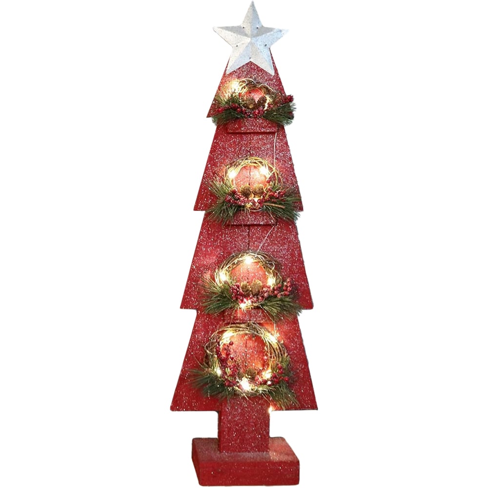 Shatchi Red Wooden Tree LED Christmas Decoration with Berries and Pines Image 1